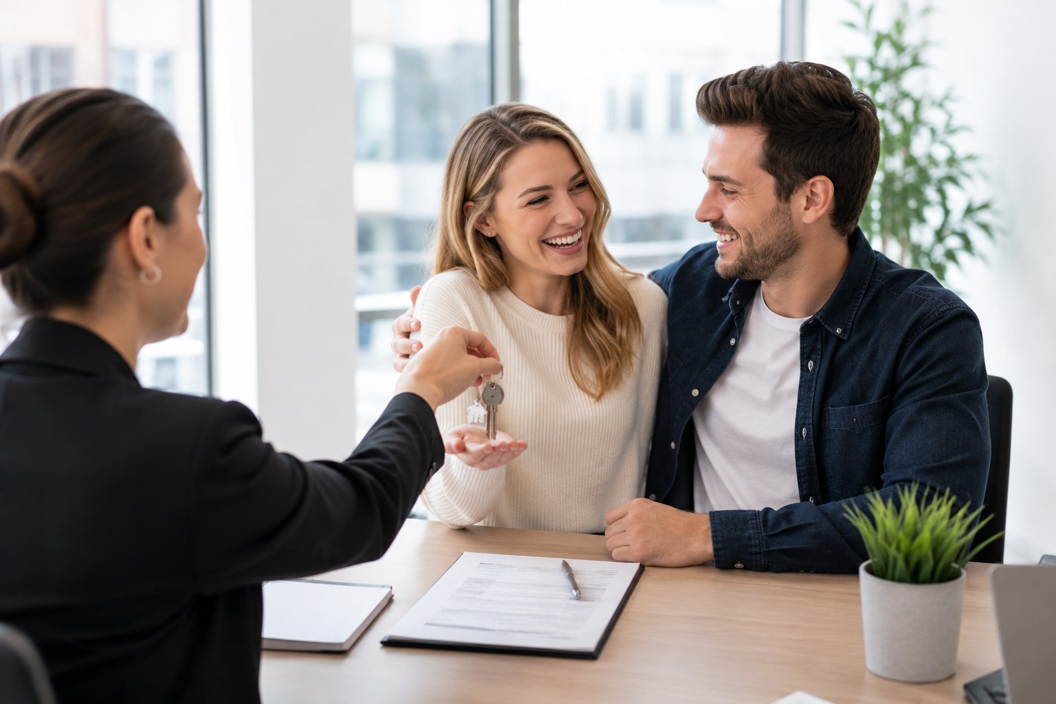 Real estate agent and happy clients at a closing table handshake