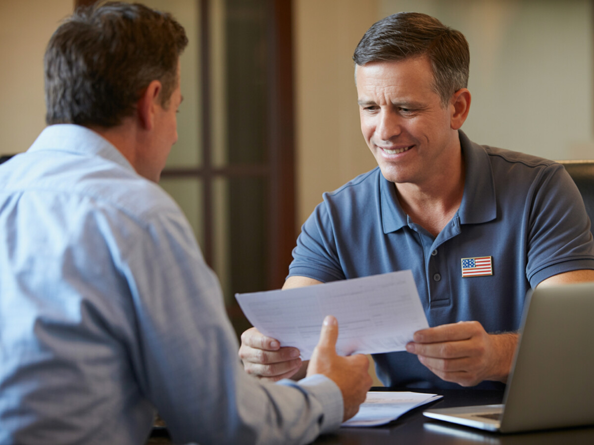 VA loan specialist reviewing documents with veteran
