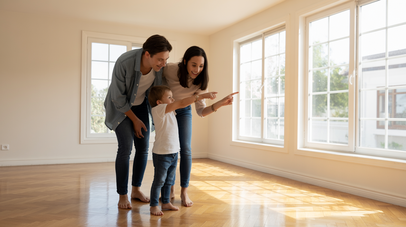 Young family exploring their new home