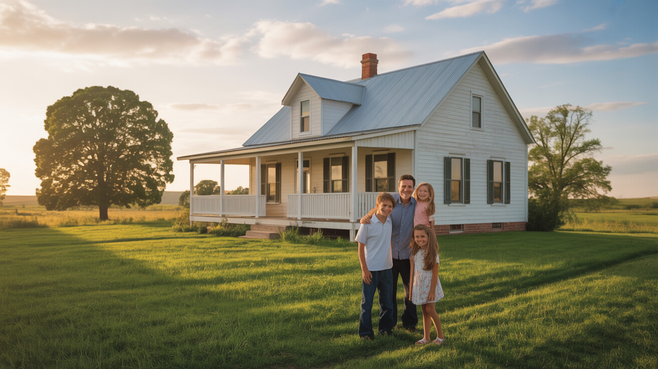 Family in front of their rural home financed with USDA loan