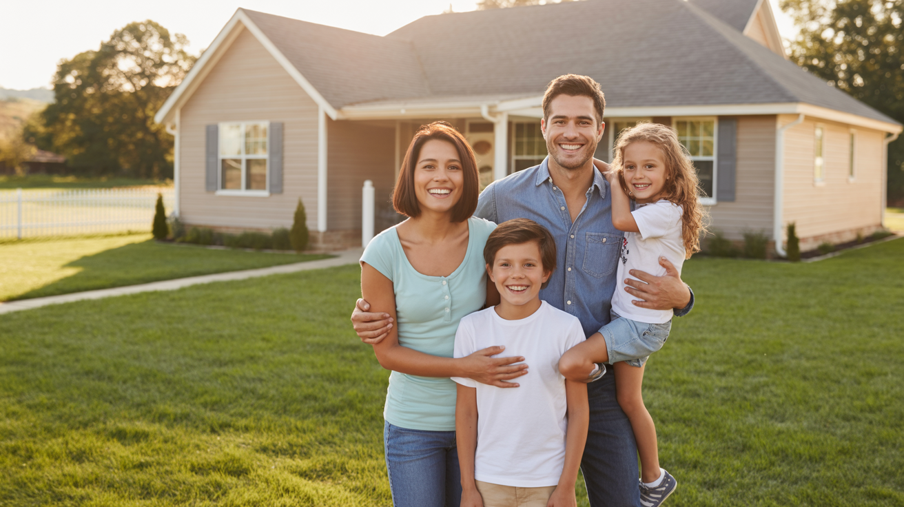 Happy family in front of their new rural Tennessee home